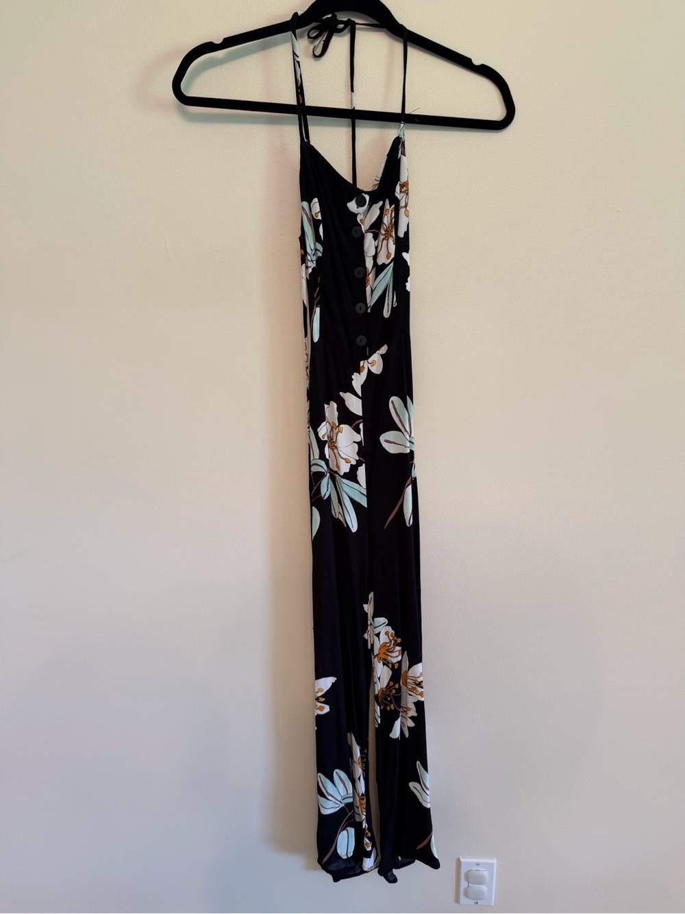 Kimchi Blue Black Floral Spaghetti-Strap Jumpsuit with Mint and Gold Accents